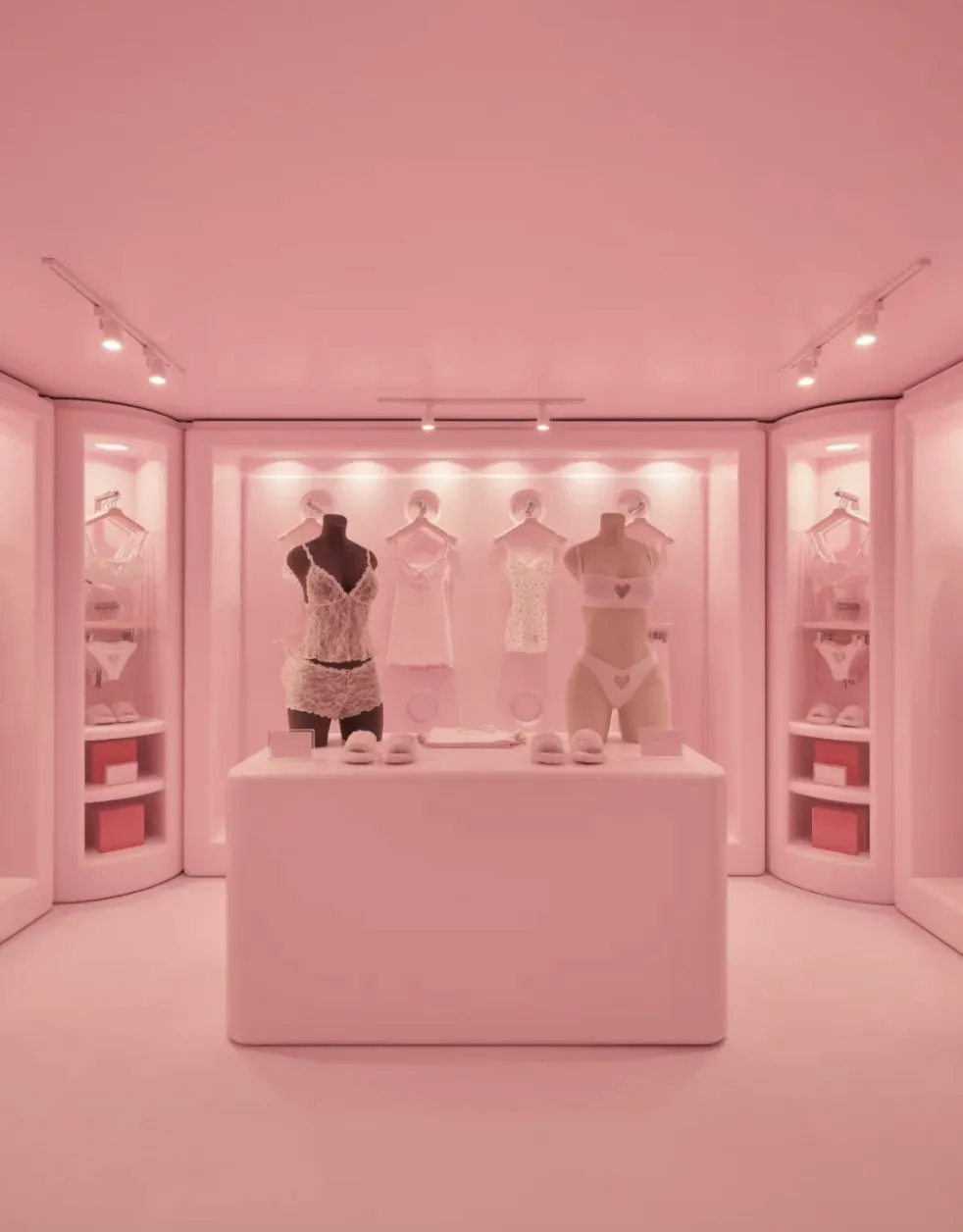 Interior of SKIM's pink, pop up store with products on counter and mannequins.