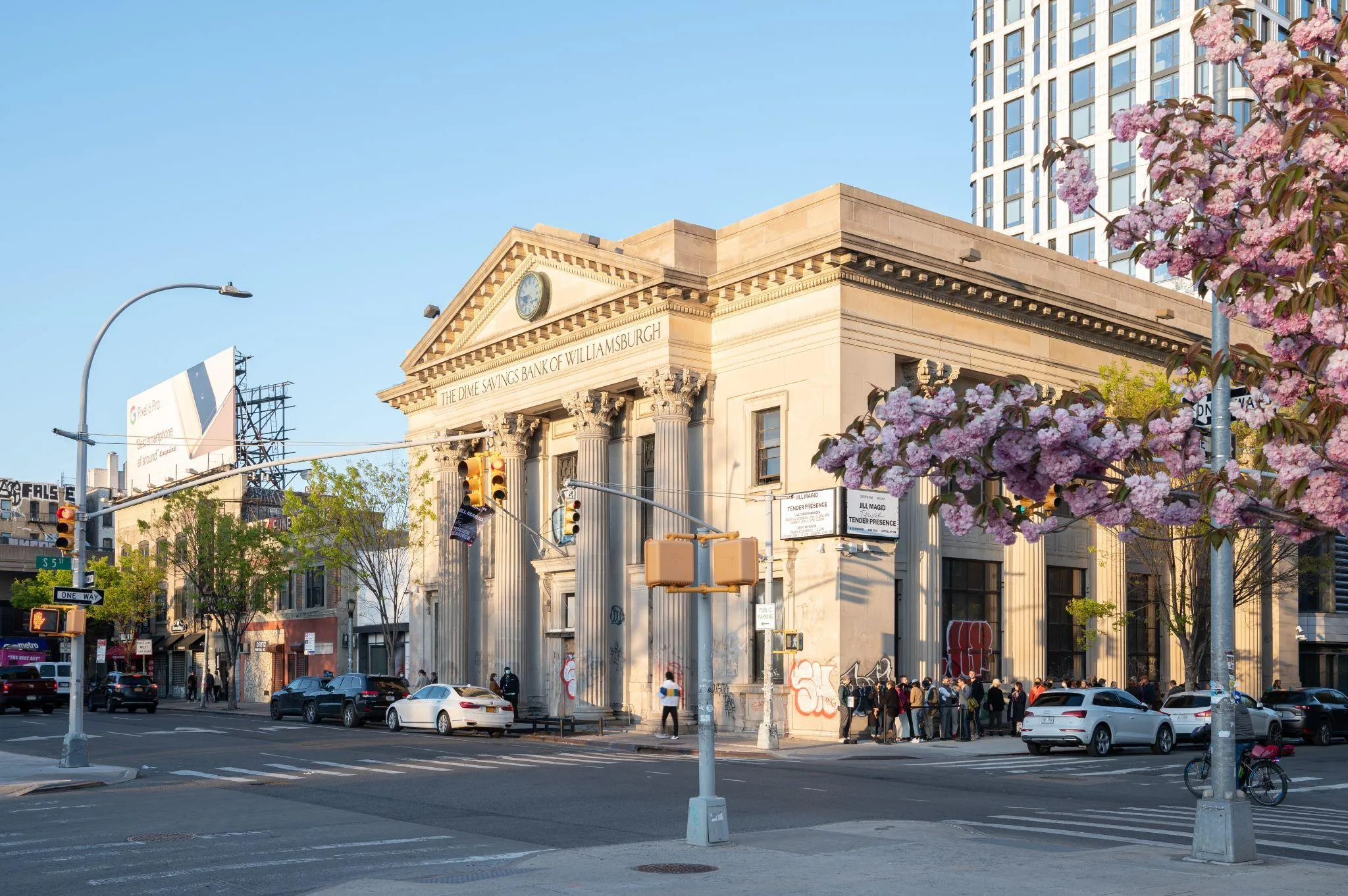 Exterior of Dime Savings bank building in Williamsburg in daylight